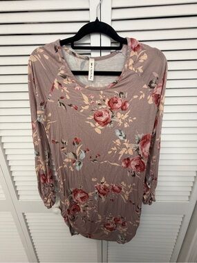 Floral Long Sleeve Women's Side Ruching Tunic Top - Dusty Mauve - Size L